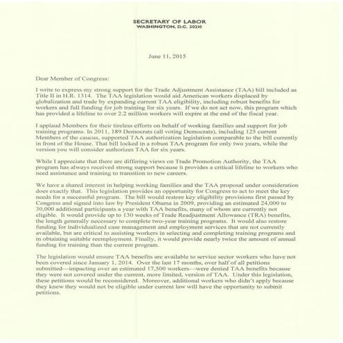 Secretary Perez to Congress: TAA is a Critical Lifeline for American Workers