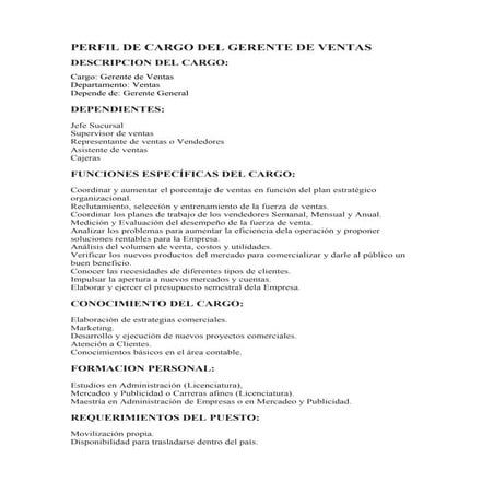 Perfil de cargo del Gerente de ventas