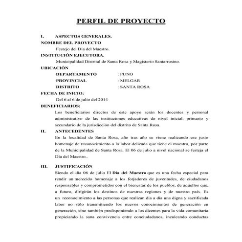 Perfil de proyecto para el festejo del dia del maestro 2014