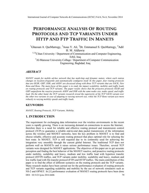 Performance analysis of routing protocols and tcp variants under http and ftp...