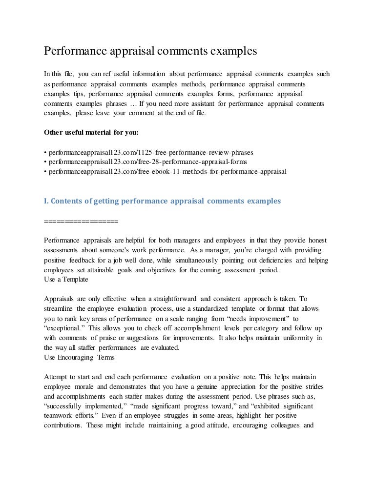 performance appraisal comments examples employee comments on performance evaluation