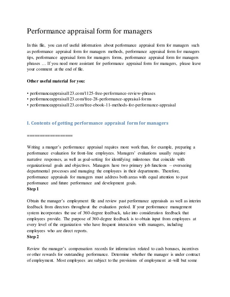 performance appraisal form for managers sample performance appraisal form for managers