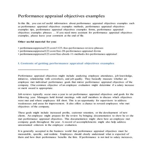 Performance appraisal objectives examples