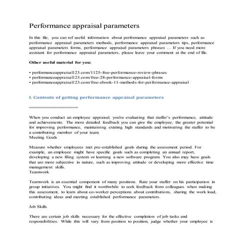 Performance appraisal parameters