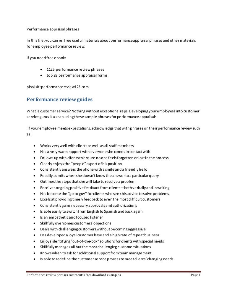 performance appraisal phrases customer service phrases for performance reviews