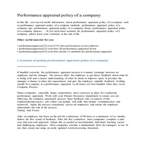 Performance appraisal policy of a company