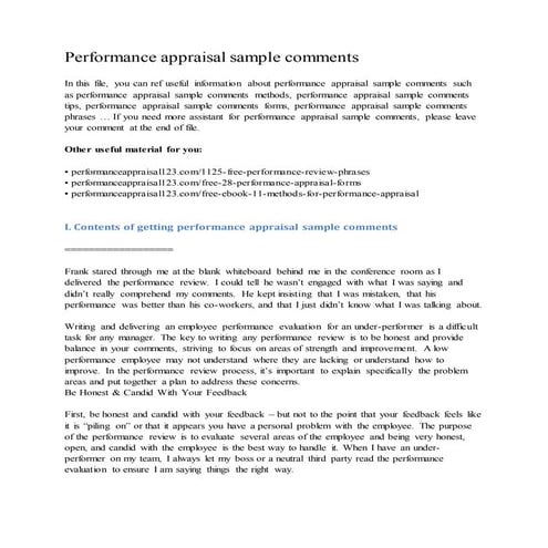 Performance appraisal sample comments
