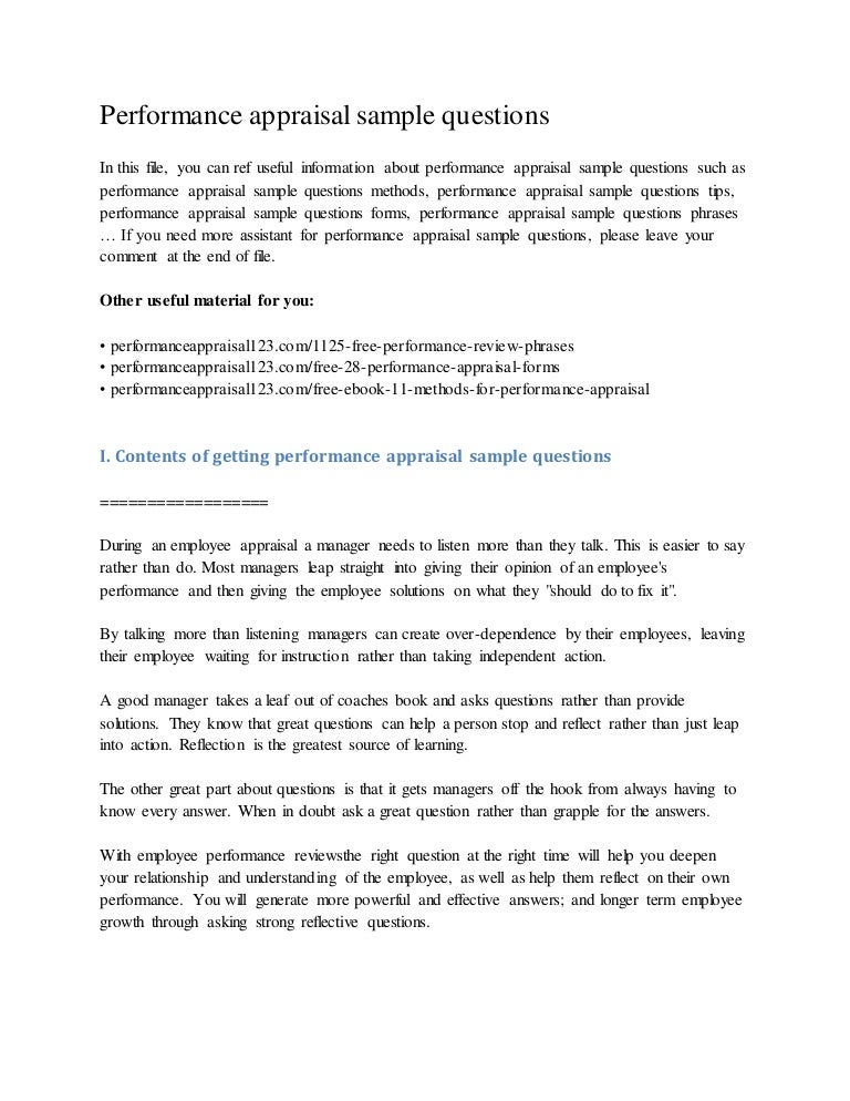 performance appraisal sample questions employee performance assessment examples