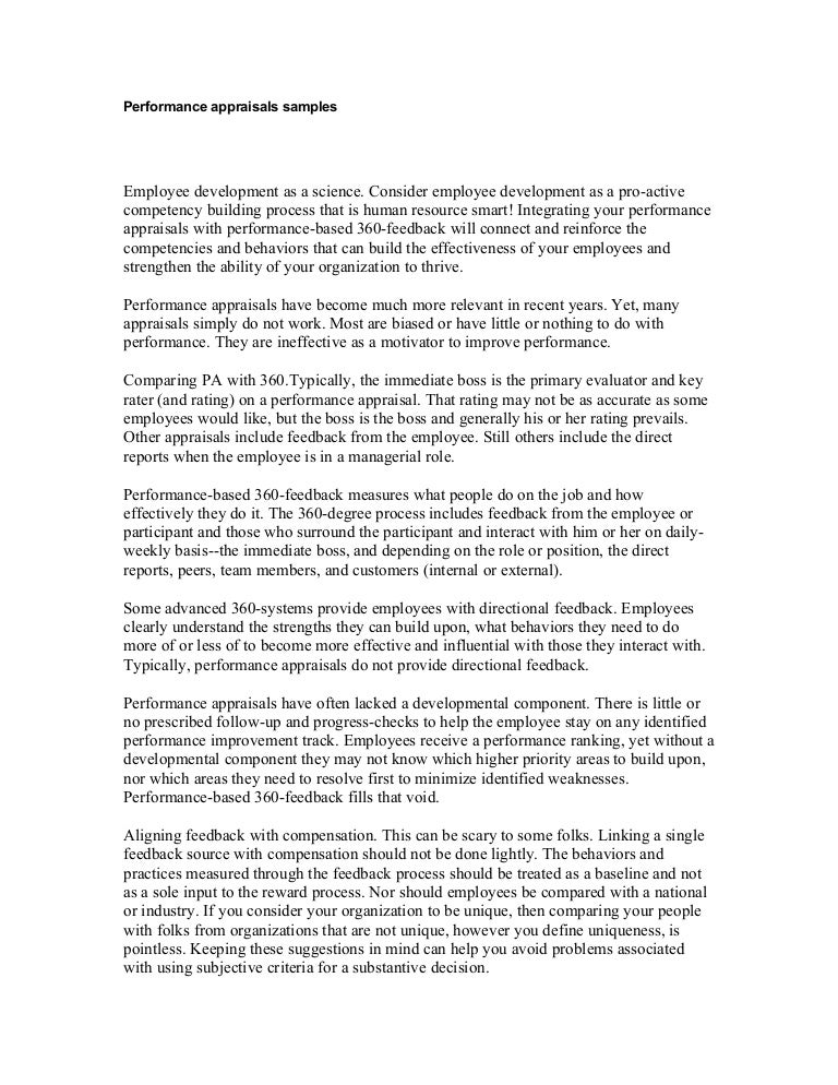 performance appraisals samples employee appraisals samples