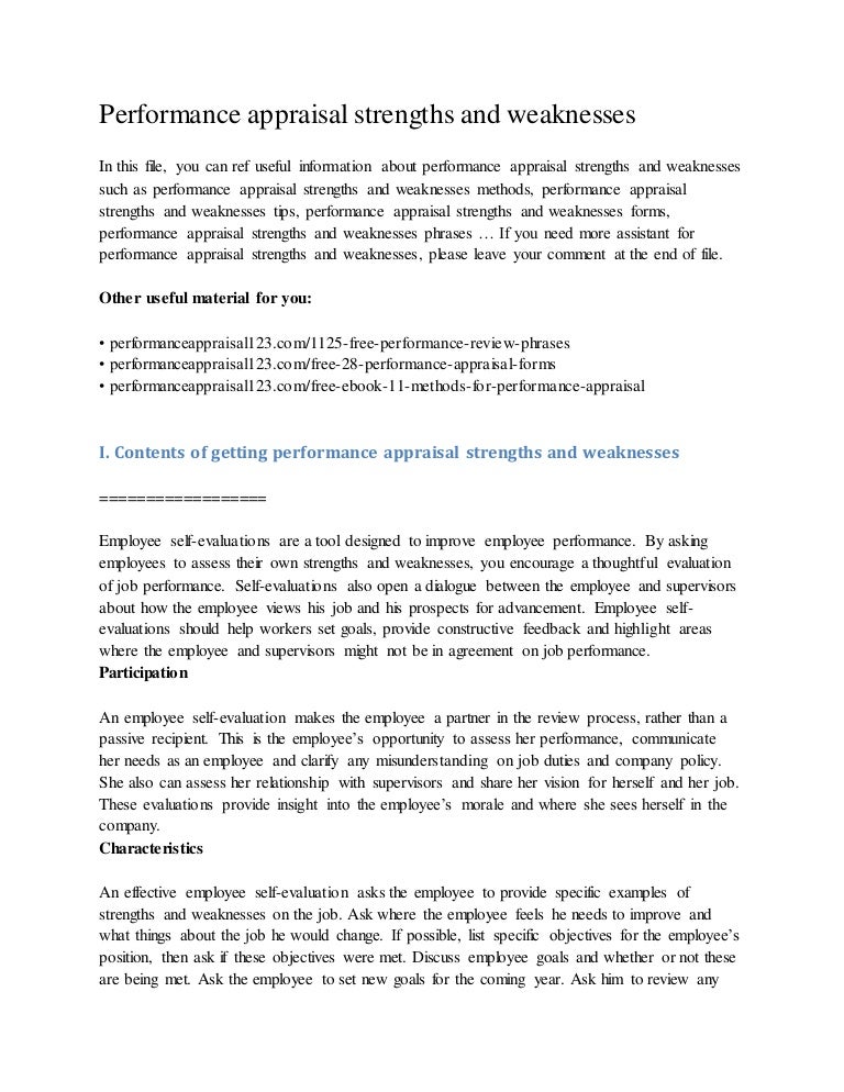 performance appraisal strengths and weaknesses performance weaknesses examples