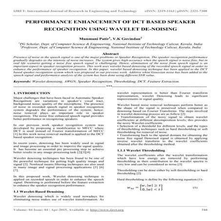 Performance enhancement of dct based speaker recognition using wavelet de noi...