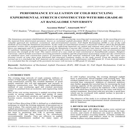 Performance evaluation of cold recycling experimental stretch constructed wit...