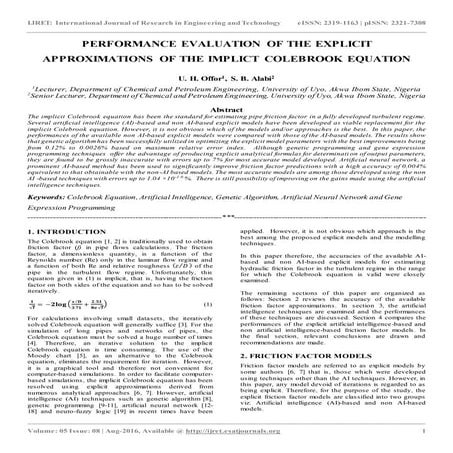 Performance evaluation of the explicit approximations of the implict colebroo...
