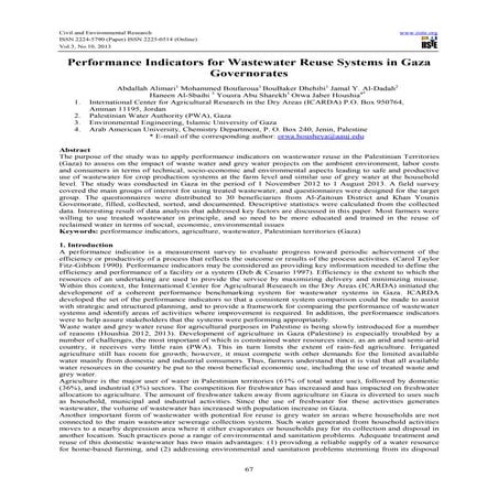 Performance indicators for wastewater reuse systems in gaza governorates