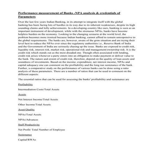 Performance measurement of banks  npa analysis & credentials of parameters