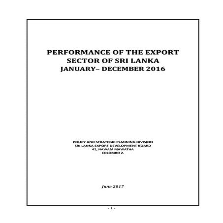 Performance of the export sector of Sri Lanka January-December 2016