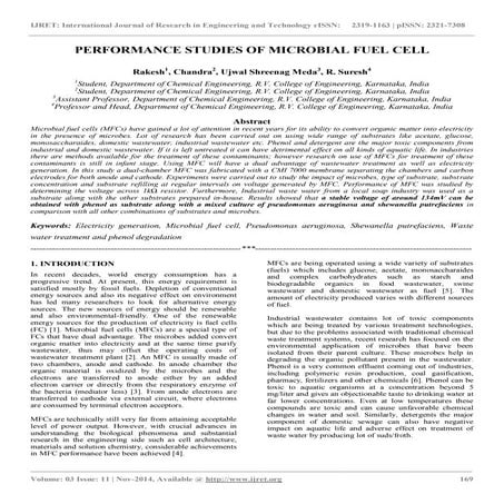Performance studies of microbial fuel cell