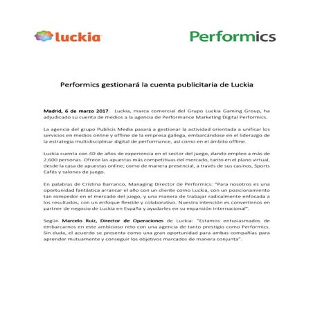 Performics gestionará la cuenta publicitaria de Luckia