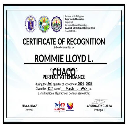 PERFRCT ATTENDANCE for first quarter 9- narra