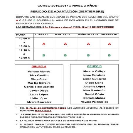 Periodo de adaptación 2 años curso 2016 17