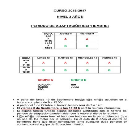 Periodo de adaptación 3 años curso 2016 2017