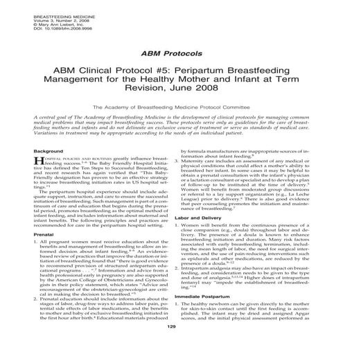 Peripartum Breastfeeding Management For The Healthy Mother And Infant At Term...