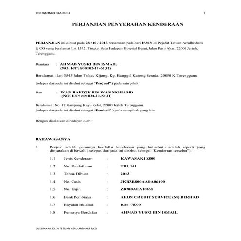 contoh perjanjian jual beli kenderaan | DOC