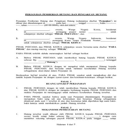 Perjanjian pemberian dan pengakuan hutang draft clean