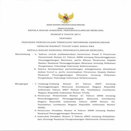 Peraturan Kepala Badan Nasional Penanggulangan Bencana Nomor 8 Tahun 2014