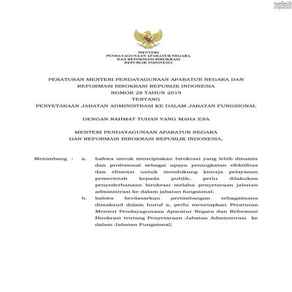 PERMEN PANRB 28 TAHUN 2019 PENYETARAAN JABATAN ADMINISTRASI KE DALAM JABATAN ...