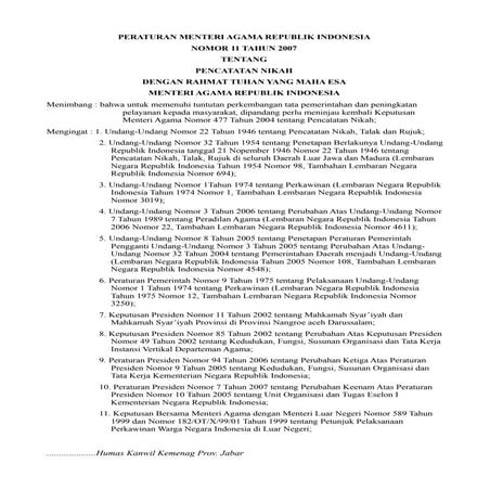 Peraturan mentri Agama no 11 tahun 2007 tentang Pencatatan Nikah