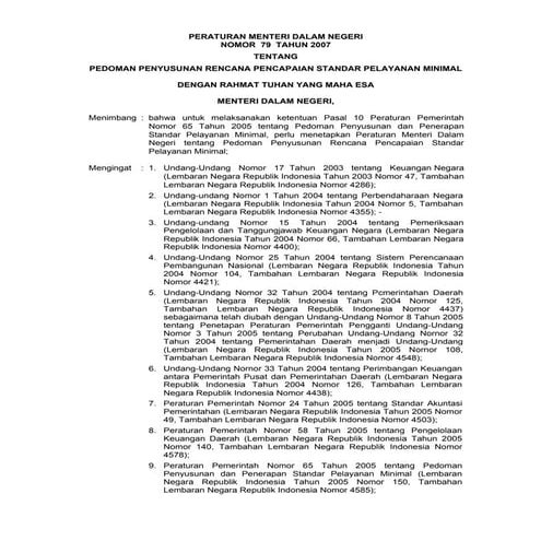 Permendagri 079-2007 pedoman penyusunan rencana pencapaian spm