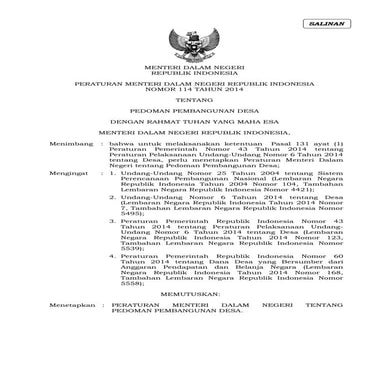 Permendagri nomor 114 th 2014 pedoman pembangunan desa