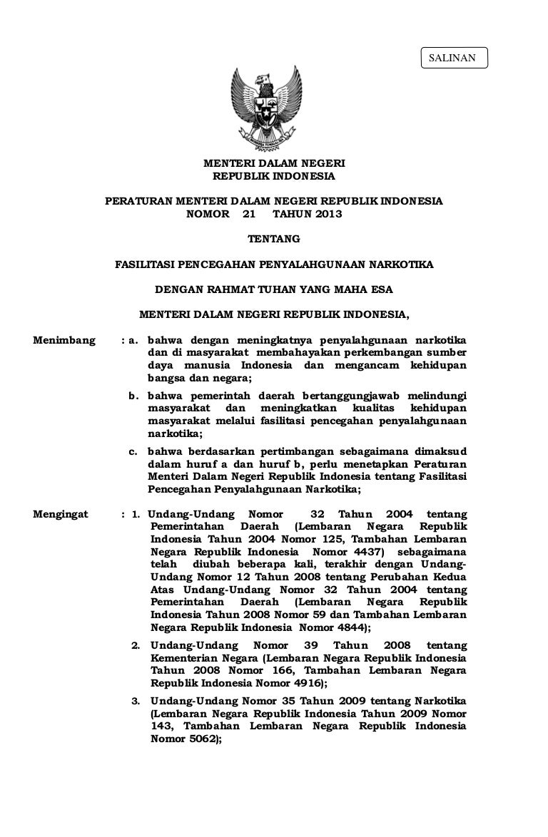 Permendagri No21 Thn2013 Ttg Fasilitasi Pencegahan Penyalahgunaan N