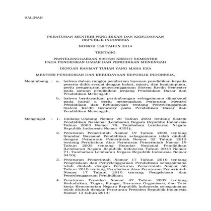 Permendikbud nomor 158 th 2014  penyelenggaraan sks pada  dikdasmen