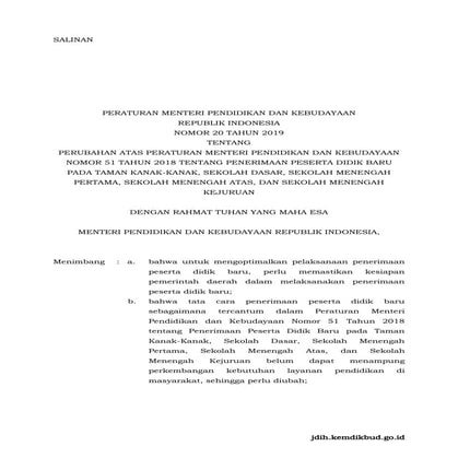 Permendikbud nomor 20 tahun 2019