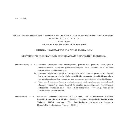 Permendikbud tahun 2016 nomor 023
