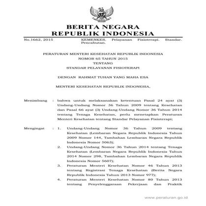Permenkes 65 tahn 2015 ttg standar pelayanan fisioterapi