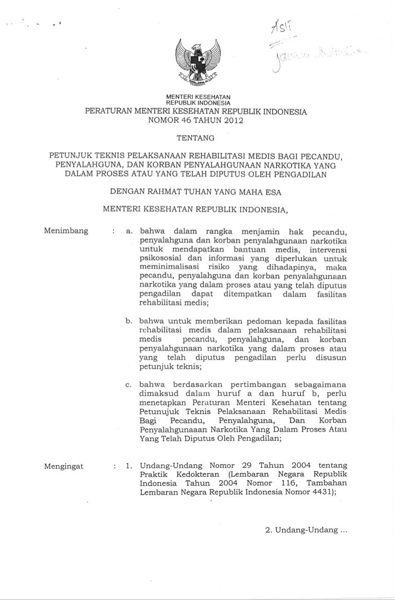 Permenkes No 46 Thn 2012 Ttg Petunjuk Teknis Pelaksanaan Rehabilitasi