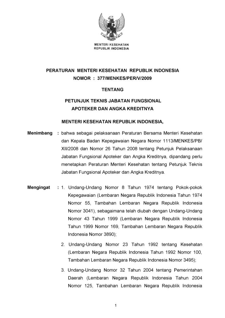 Permenkes No 377 Tahun 2009 Petunjuk Teknik Jabatan Fungsional Apotek Permenkes No 377 Tahun 2009 Petunjuk Teknik Jabatan Fungsional Apotek