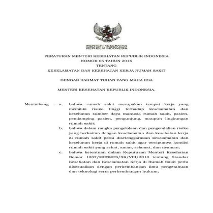 Permenkes Nomor 66 Tahun 2016 tentang K3 di Rumah Sakit