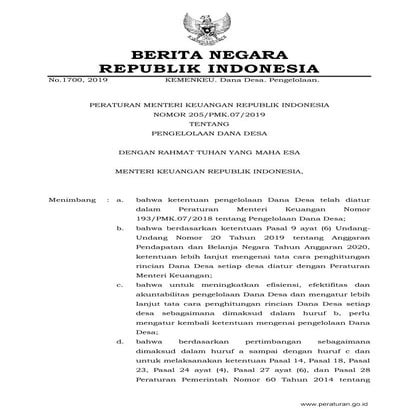 Peraturan Menteri Keuangan Nomor: 205/PMK.07/2019