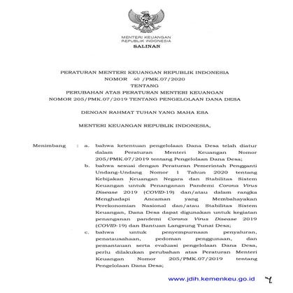 Peraturan Menteri Keuangan Nomor: 240/PMK.07/2020