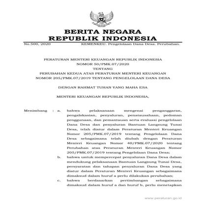 Peraturan Menteri Keuangan Nomor: 50/PMK.07/2020