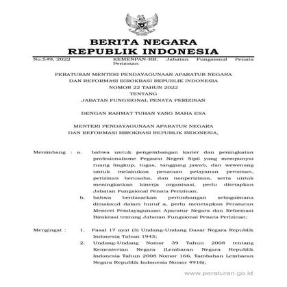 Permen PANRB No. 22 Tahun 2022.tentang jabatan fungsional penata perizinanpdf
