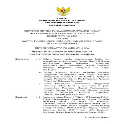 PERMENPANRB NOMOR 77 TAHUN 2012 TENTANG PENYETARAAN JABATAN FUNGSIONAL PENGEL...