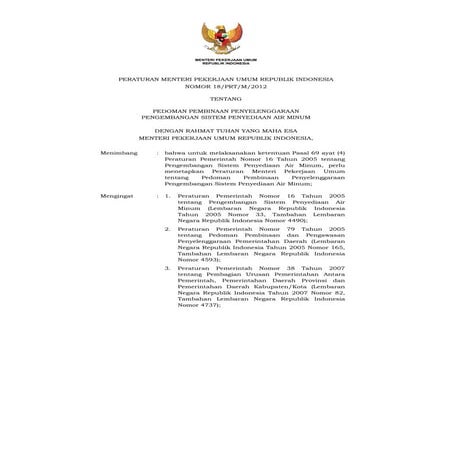 Permen PU Nomor 18 Tahun 2007 tentang Penyelenggaraan Pengembangan Sistem Pen...