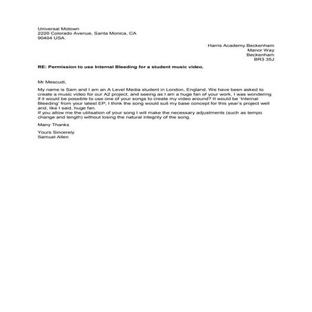 Permission letter to kid cudi