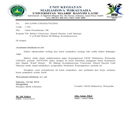Contoh Surat Permohonan SK Pendirian UKM Kepada Universitas
