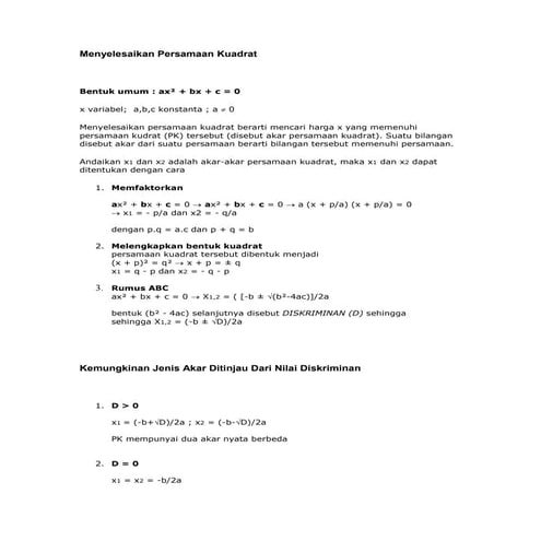 Persamaan dan pertidaksamaan kuadrat